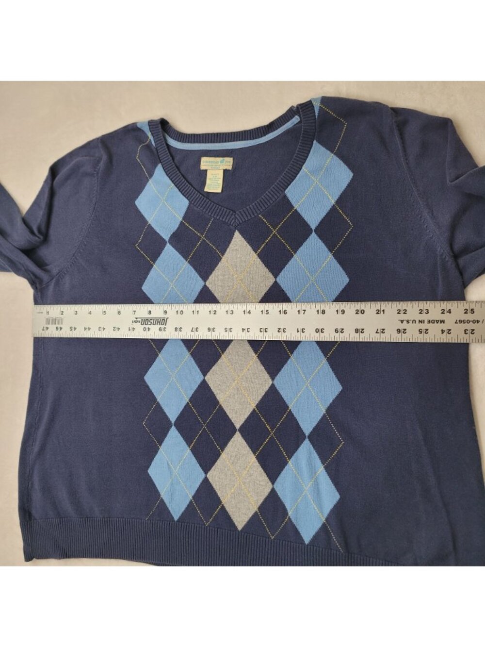 Caribbean Joe Women's Blue Argyle V-Neck Long Sleeve Sweater Size 2X - Picture 8 of 10